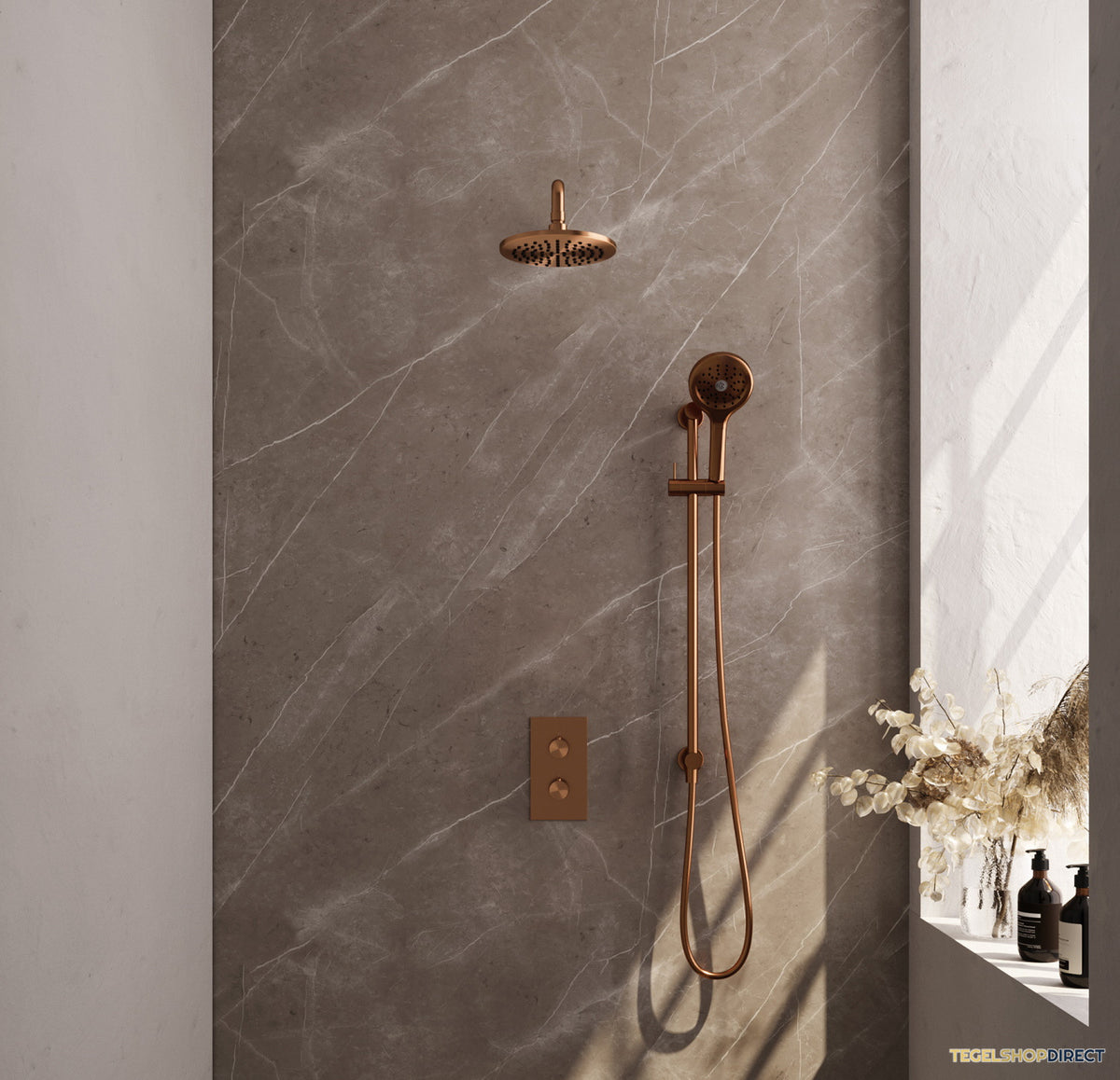 Inbouw Regendouche Set Brauer Copper Edition Gebogen Wanduitloop Ronde Hoofddouche 20 cm Met Twee Stopkranen Glijstang en Handdouche 3 Standen Koper – afbeelding 2