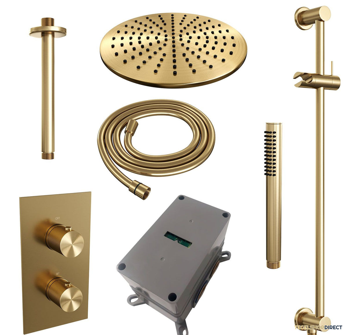 Regendoucheset Inbouw Brauer Gold Carving Thermostatisch 30cm met 3-Weg Omstelling, Plafondarm, Glijstang en Staaf Handdouche Geborsteld Goud – afbeelding 4