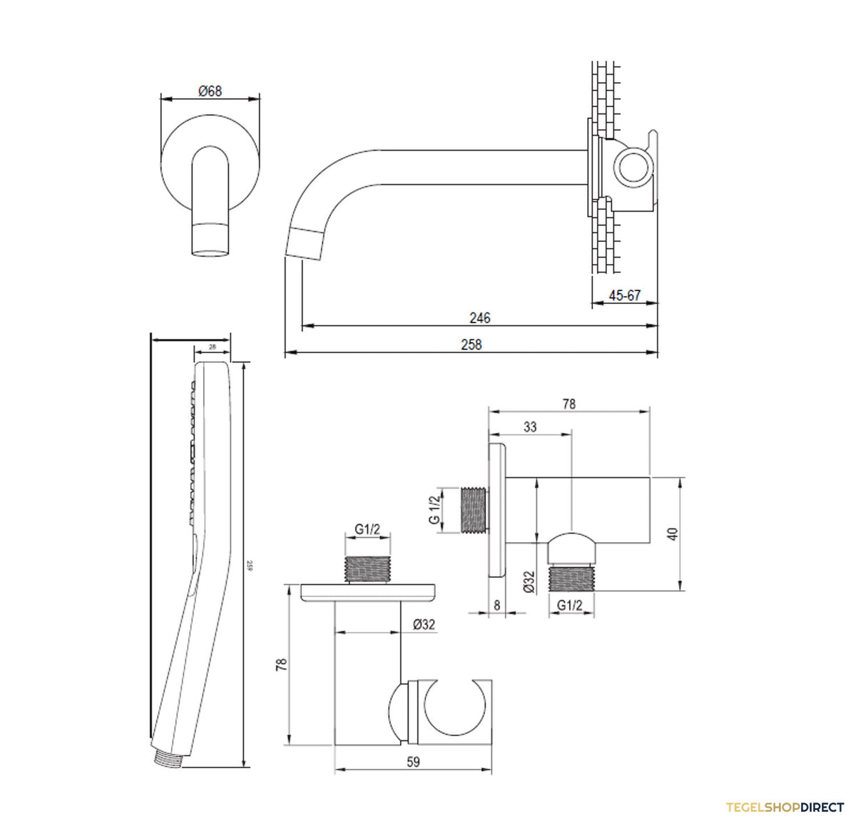 BRAUER Brushed Edition thermostatische inbouw badkraan met drukknoppen SET 04 met uitloop en 3-standen handdouche en doucheslang en wandaansluitbocht RVS geborsteld PVD – afbeelding 10