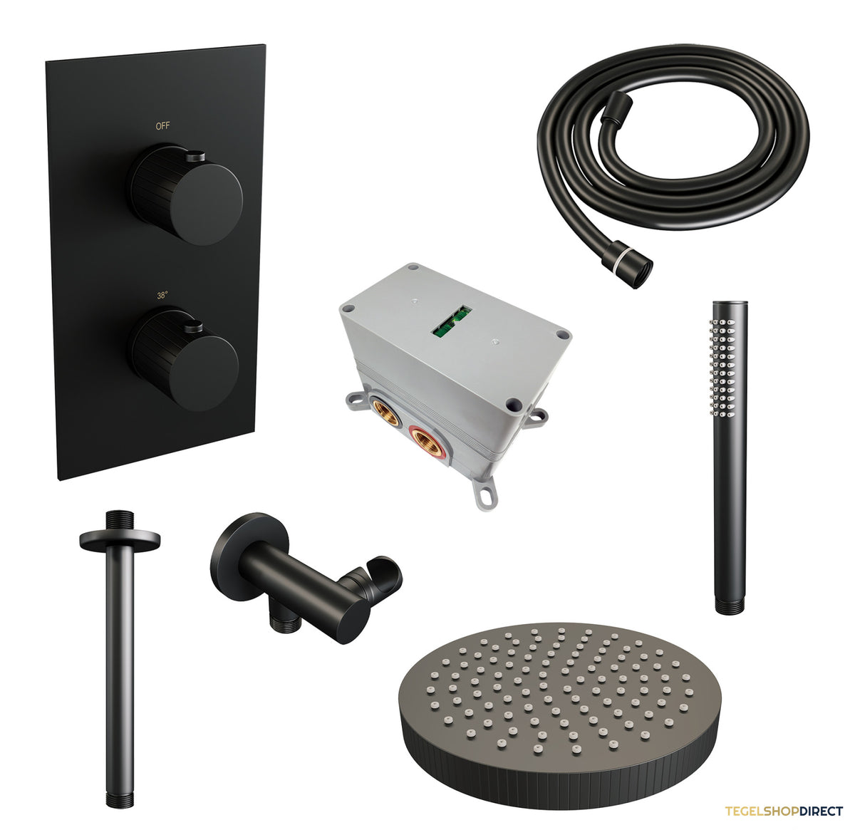 Brauer Stripe thermostatische inbouw regendouche 3-weg rechthoekig SET 15 met 25 cm douchekop en plafondarm en staaf handdouche en doucheslang en wandaansluitbocht mat zwart – afbeelding 3