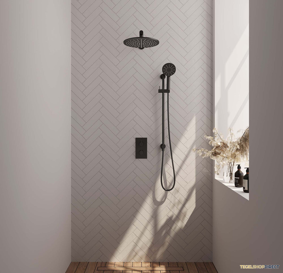 Regendoucheset Inbouw Brauer Black Carving Thermostatisch 30cm met 3-Weg Omstelling, Wandarm, Glijstang en 3-Standen Handdouche Mat Zwart – afbeelding 2
