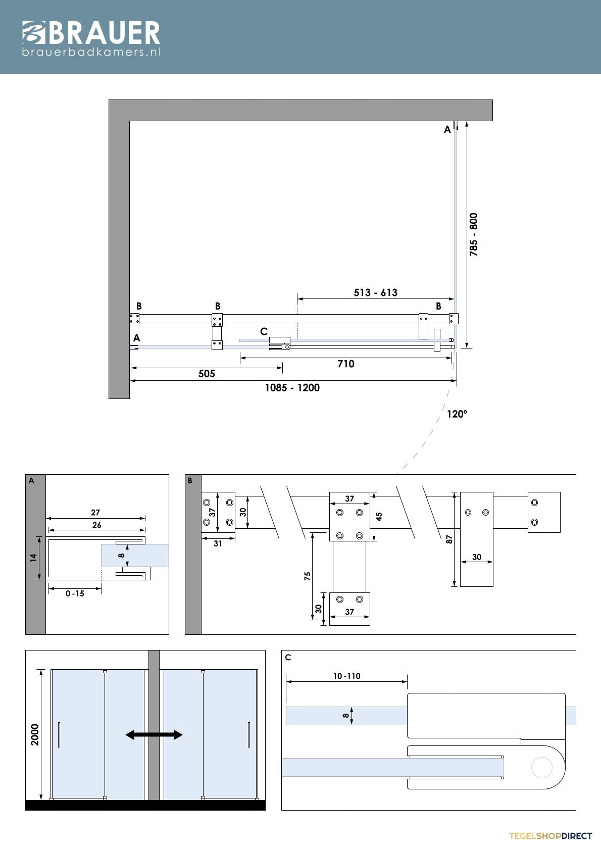 BRAUER Stellar douchecabine met draaideur helder glas 120x80x200 omkeerbaar incl. glascoating PVD RVS-kleurig geborsteld – afbeelding 7