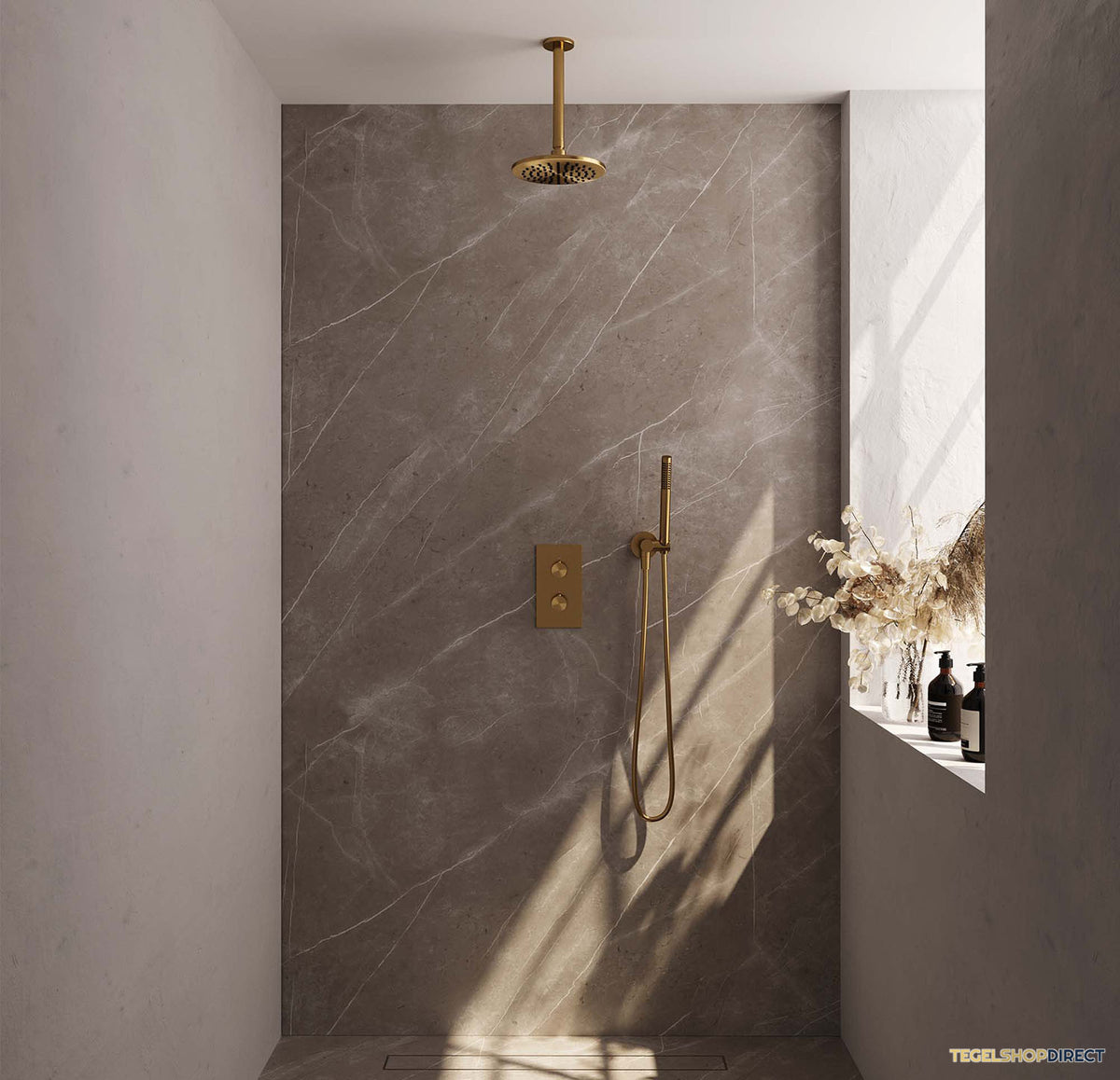Regendoucheset Inbouw Brauer Gold Carving Thermostatisch 20cm met 3-Weg Omstelling, Plafondarm en Staaf Handdouche Geborsteld Goud – afbeelding 2