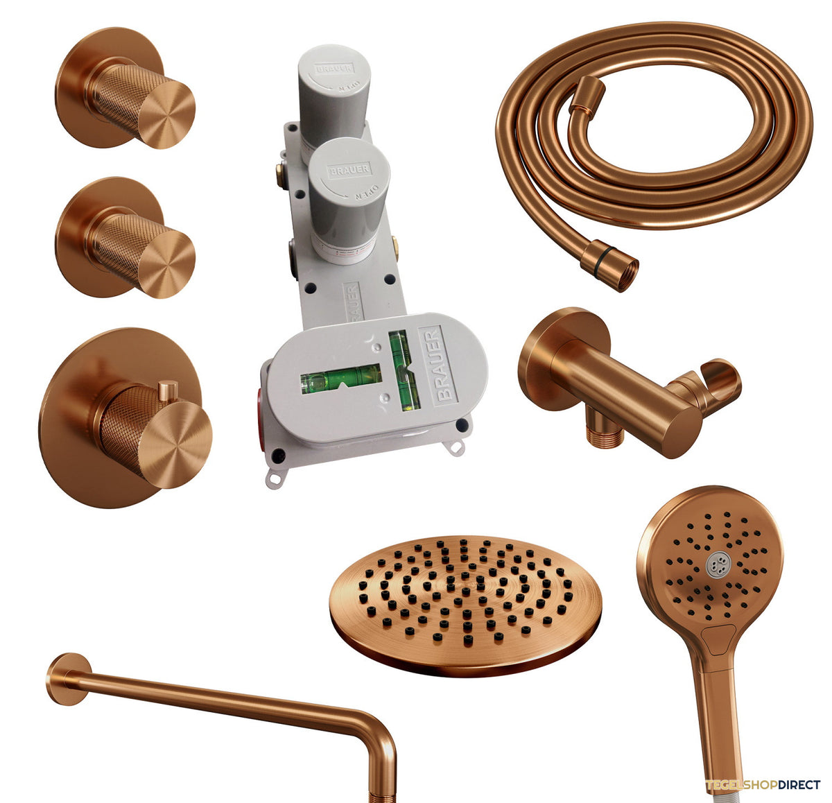 Regendoucheset Inbouw Brauer Copper Carving Thermostatisch 20cm met Gebogen Wandarm en Handdouche 3-Standen Losse Stopkranen Geborsteld Koper – afbeelding 7