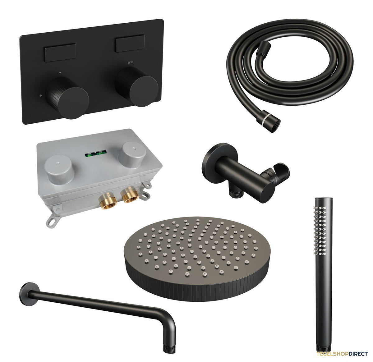 Brauer Stripe thermostatische inbouw regendouche met drukknoppen SET 26 met 25 cm douchekop en gebogen muurarm en staaf handdouche en doucheslang en wandaansluitbocht mat zwart – afbeelding 3
