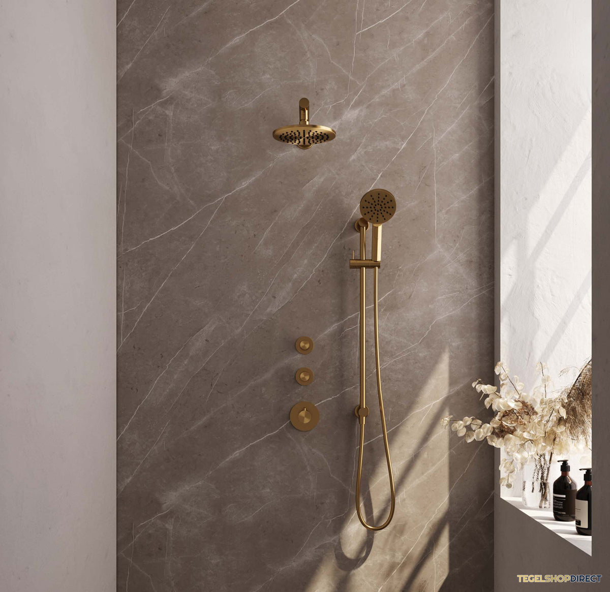 Regendoucheset Inbouw Brauer Gold Edition Thermostatisch 20cm met Wandarm, Glijstang en Handdouche 3-Standen Losse Stopkranen Geborsteld Goud