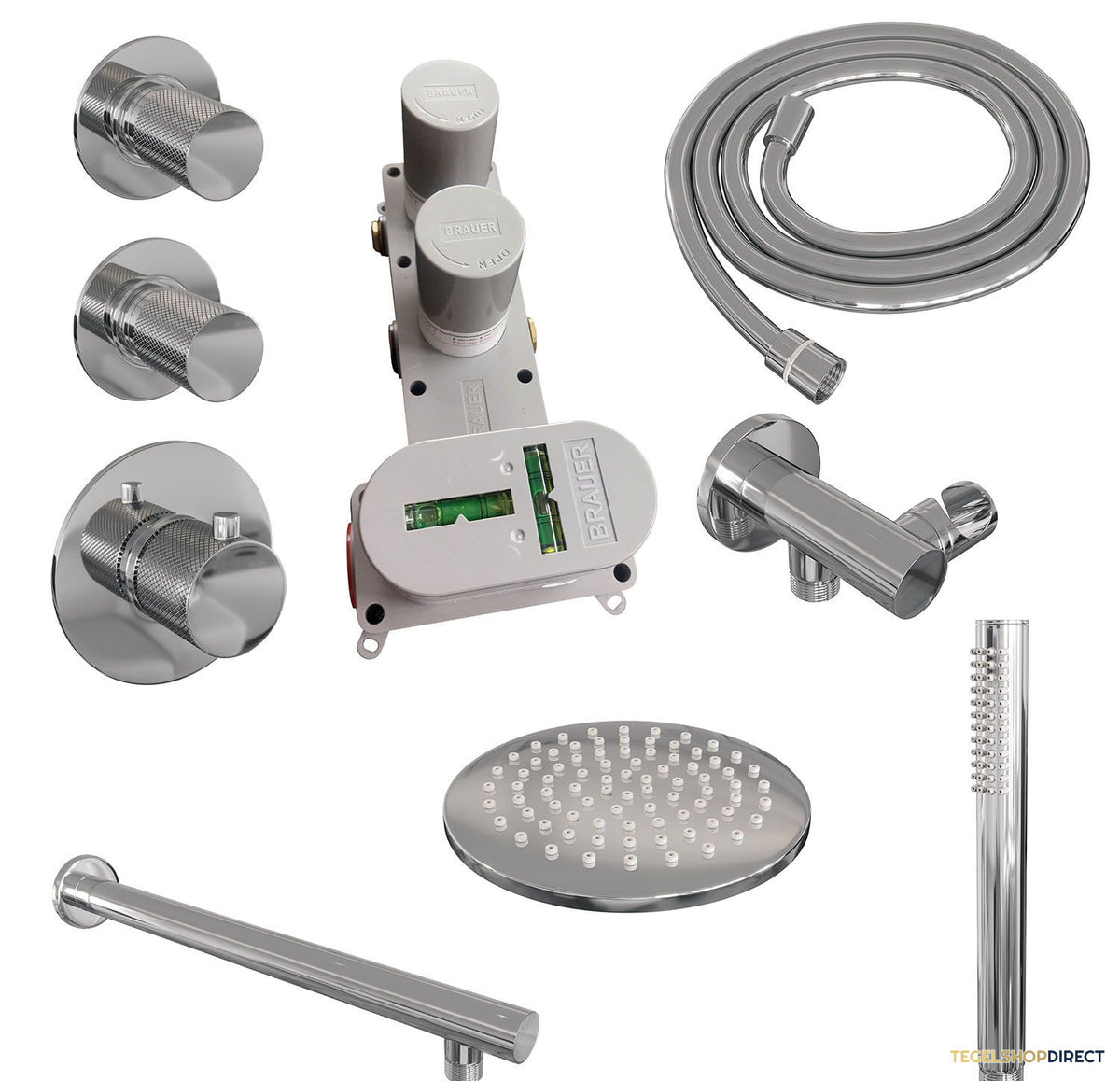 Regendoucheset Inbouw Brauer Chrome Carving Thermostatisch 20cm met Wandarm en Handdouche Staaf Losse Stopkranen Chroom – afbeelding 3
