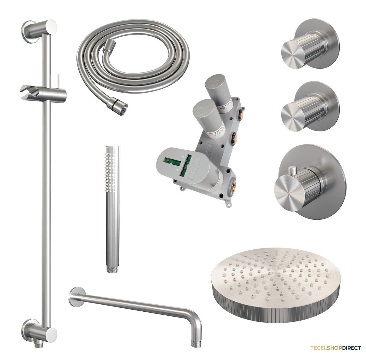 Brauer Stripe thermostatische inbouw regendouche SET 08 met 25 cm douchekop en gebogen muurarm en staaf handdouche en doucheslang en geintegreerde glijstang RVS-kleurig geborsteld PVD – afbeelding 3