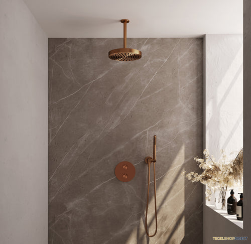 Brauer Stripe thermostatische inbouw regendouche 3-weg rond SET 39 met 25 cm douchekop en plafondarm en staaf handdouche en doucheslang en wandaansluitbocht koper geborsteld PVD