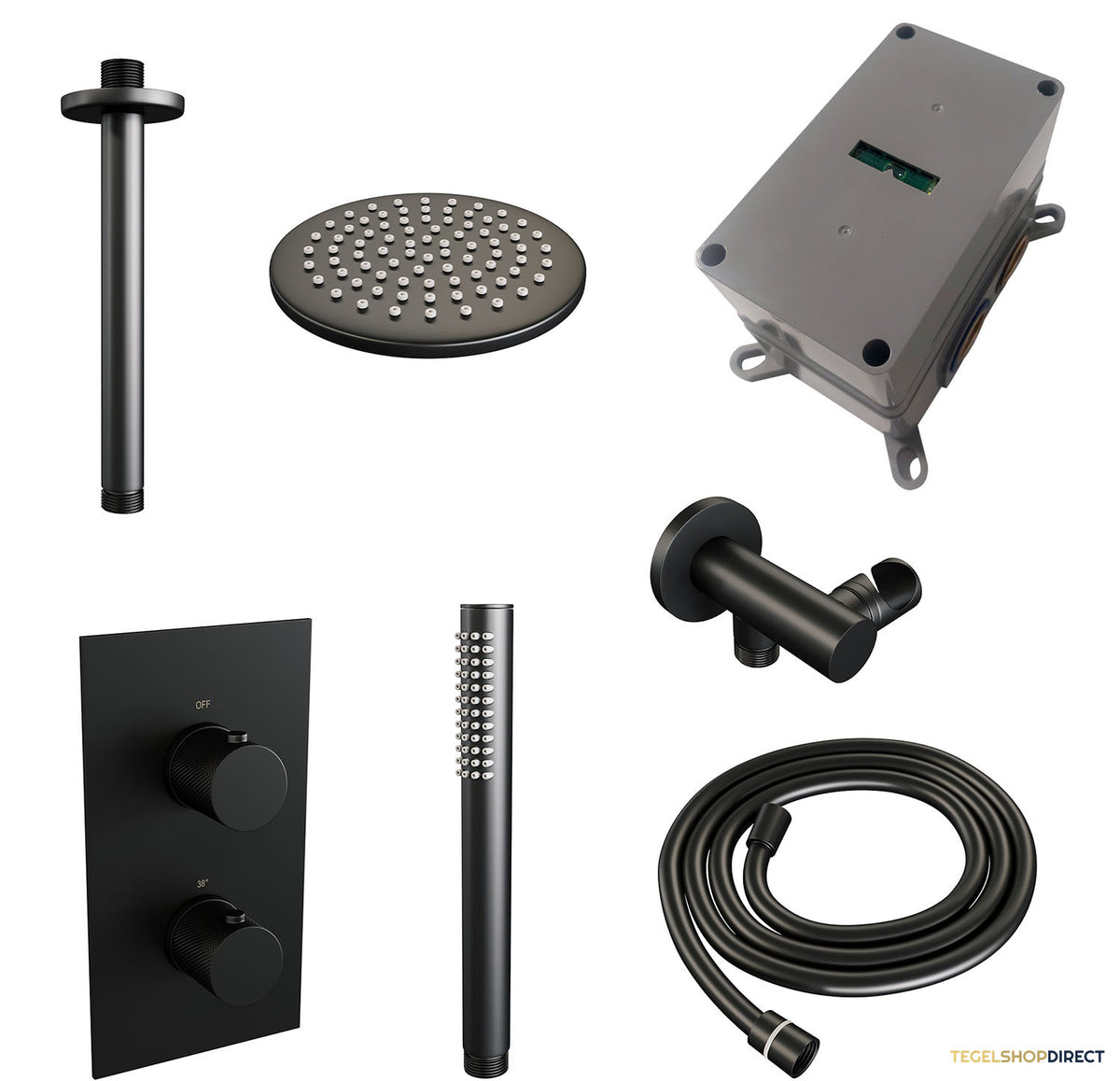Regendoucheset Inbouw Brauer Black Carving Thermostatisch 20cm met 3-Weg Omstelling, Plafondarm en Staaf Handdouche Mat Zwart – afbeelding 3