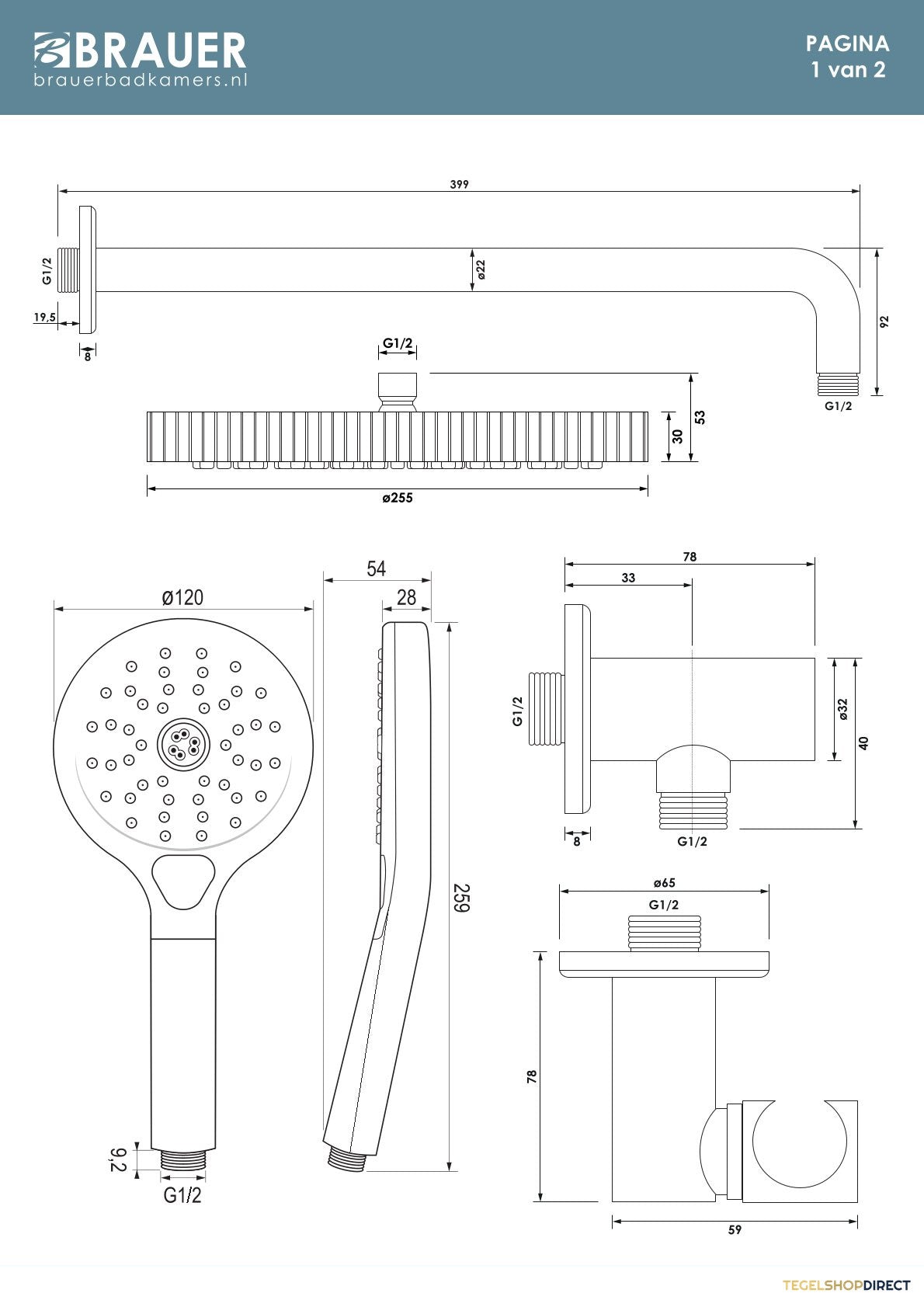 Brauer Stripe thermostatische inbouw regendouche SET 05 met 25 cm douchekop en gebogen muurarm en 3-standen handdouche en doucheslang en wandaansluitbocht mat zwart – afbeelding 9