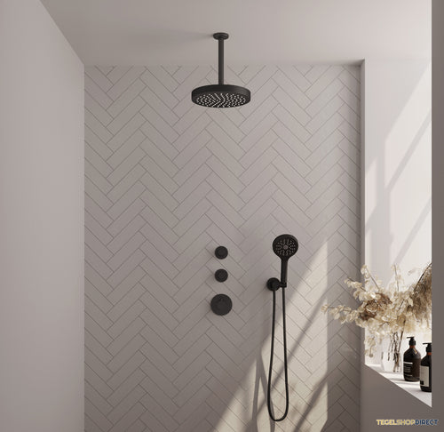 Brauer Stripe thermostatische inbouw regendouche SET 06 met 25 cm douchekop en plafondarm en 3-standen handdouche en doucheslang en wandaansluitbocht mat zwart