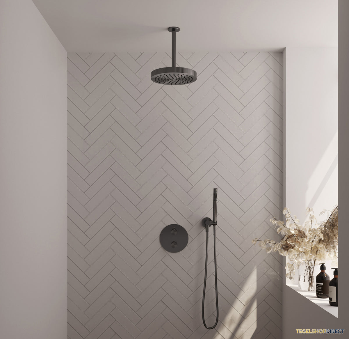 Brauer Stripe thermostatische inbouw regendouche 3-weg rond SET 39 met 25 cm douchekop en plafondarm en staaf handdouche en doucheslang en wandaansluitbocht gunmetal geborsteld PVD
