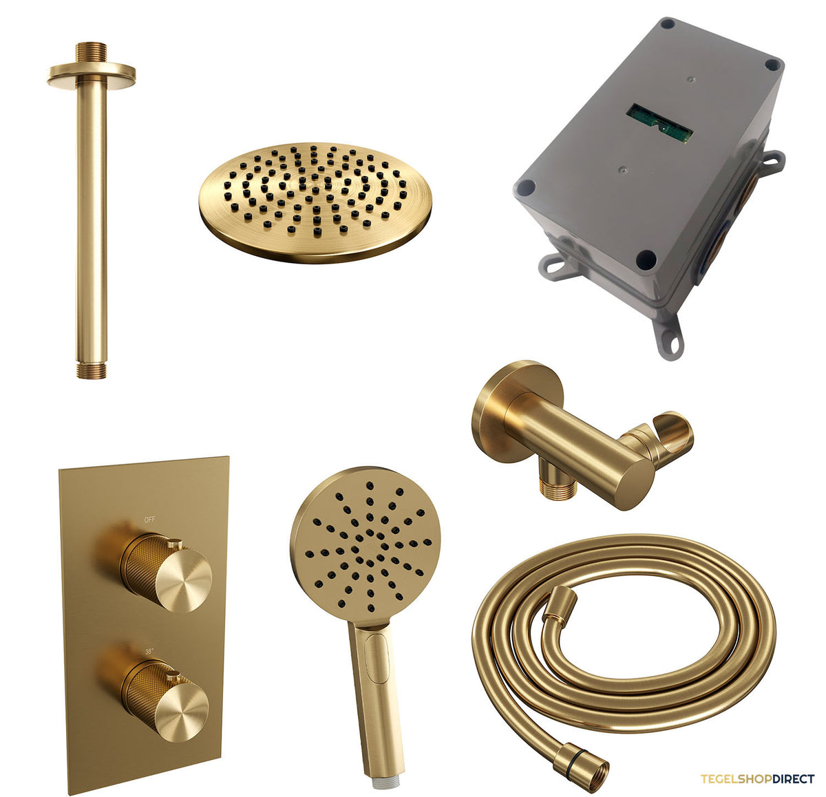 Regendoucheset Inbouw Brauer Gold Carving Thermostatisch 20cm met 3-Weg Omstelling, Plafondarm en 3-Standen Handdouche Geborsteld Goud – afbeelding 4