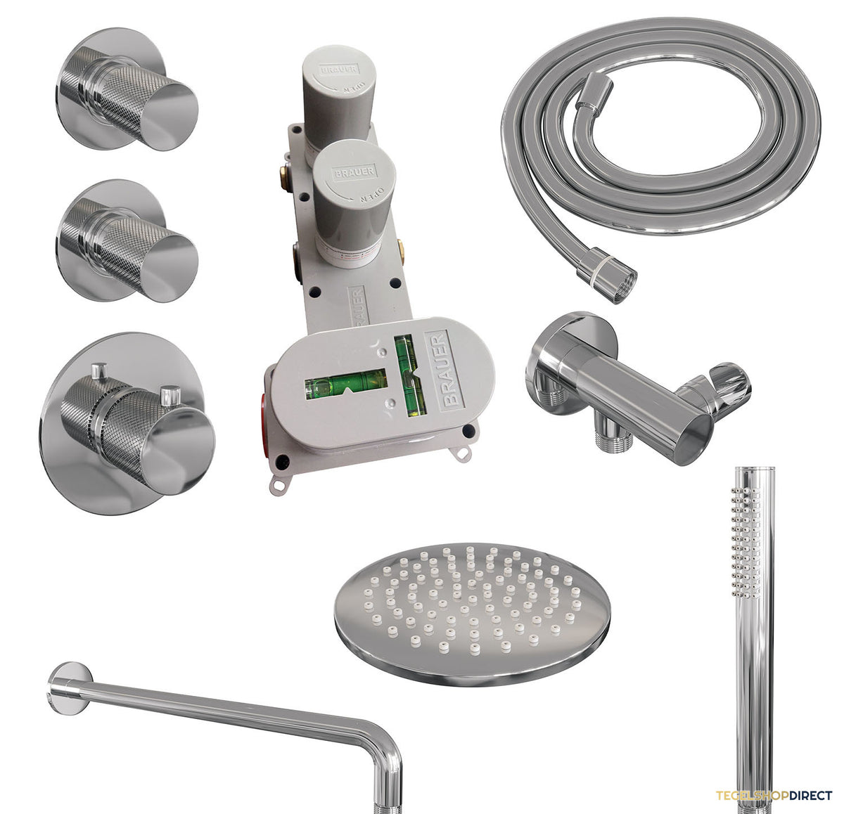 Regendoucheset Inbouw Brauer Chrome Carving Thermostatisch 20cm met Gebogen Wandarm en Handdouche Staaf Losse Stopkranen Chroom – afbeelding 4