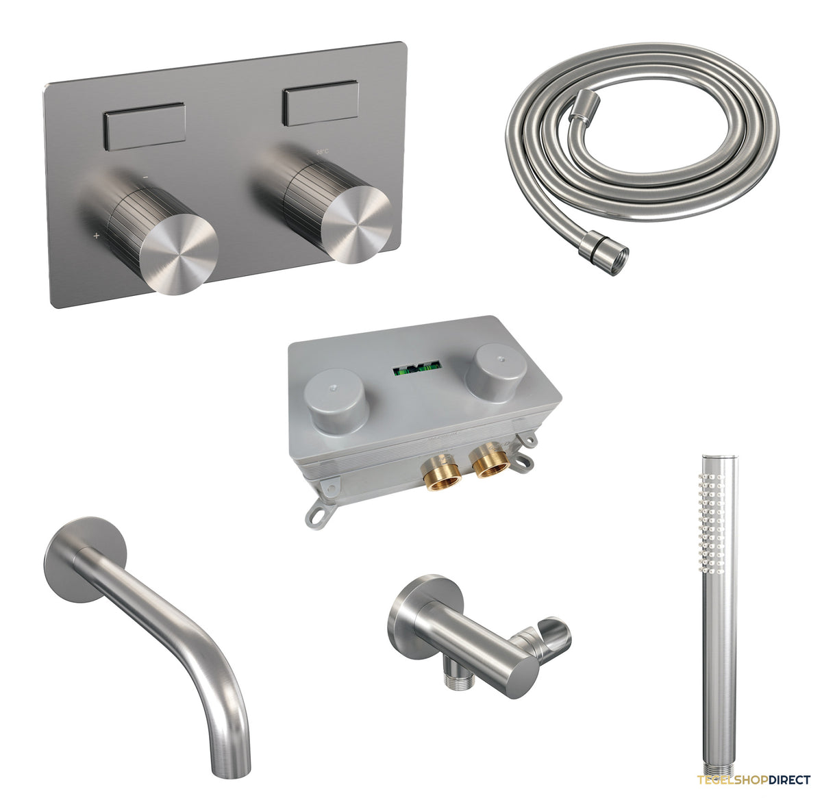 Brauer Stripe thermostatische inbouw badkraan met drukknoppen SET 03 met uitloop en staaf handdouche en doucheslang en wandaansluitbocht RVS-kleurig geborsteld PVD – afbeelding 2