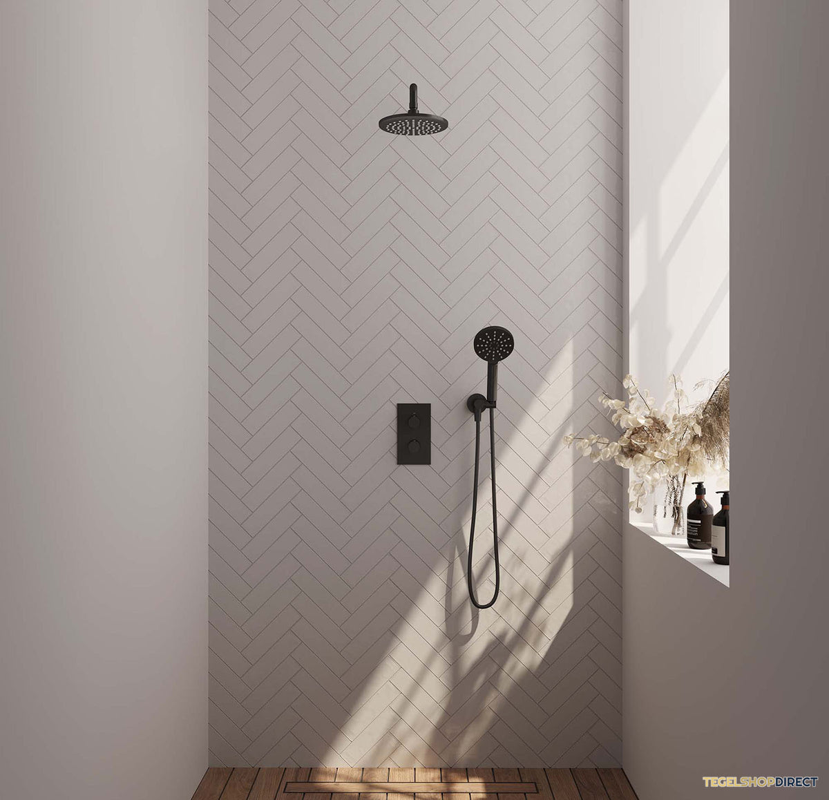 Regendoucheset Inbouw Brauer Black Carving Thermostatisch 20cm met 3-Weg Omstelling, Gebogen Wandarm en 3-Standen Handdouche Mat Zwart – afbeelding 2