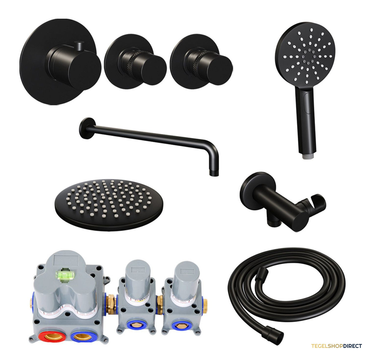 Inbouw Regendouche Set Brauer Black Edition Gebogen Wanduitloop Ronde Hoofddouche 20 cm Met Twee Stopkranen en Handdouche 3 Standen Mat Zwart – afbeelding 2
