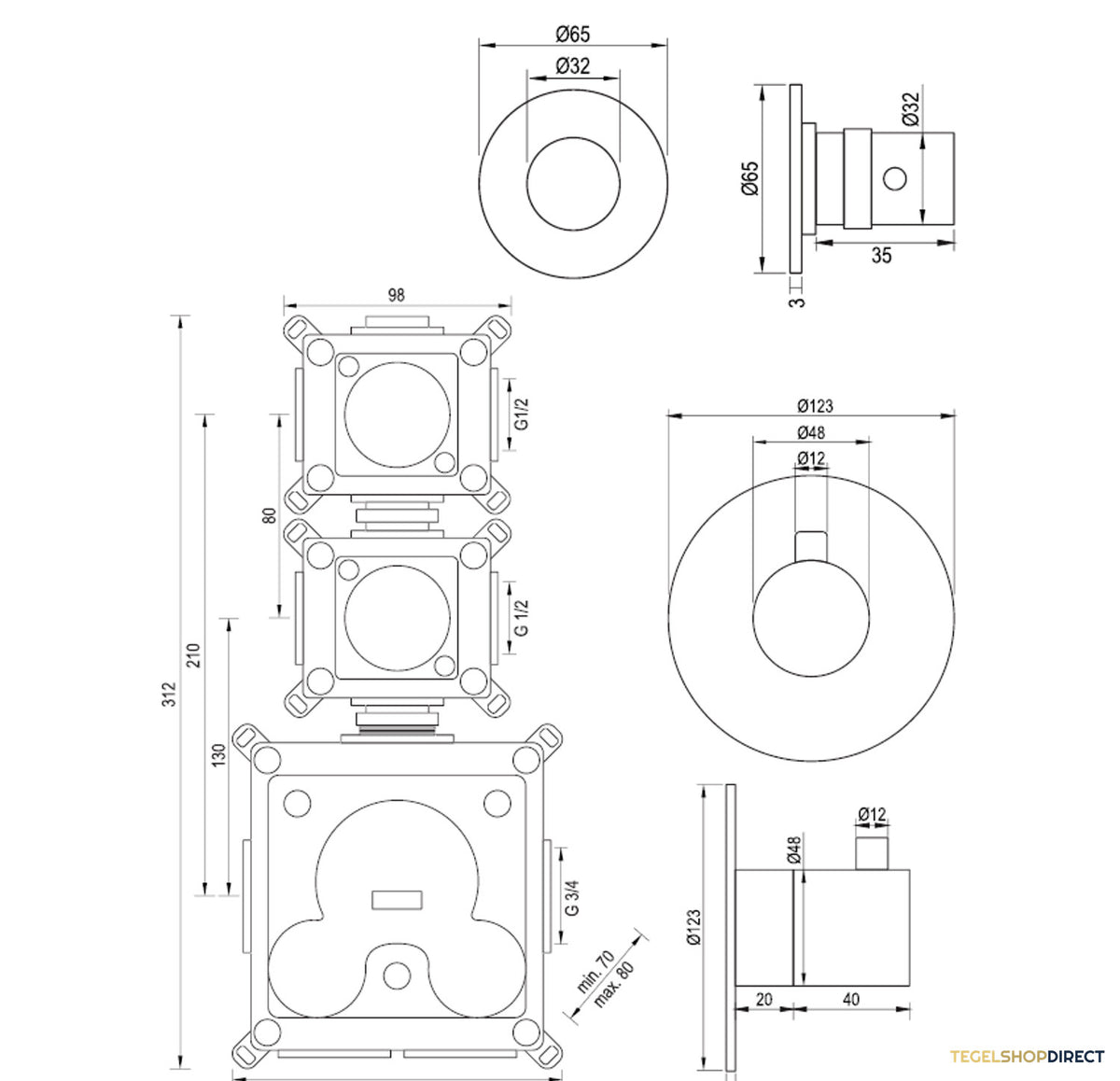 Regendoucheset Inbouw Brauer Gold Edition Thermostatisch 30cm met Plafondarm, Glijstang en Handdouche 3-Standen Losse Stopkranen Geborsteld Goud – afbeelding 11