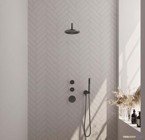 Regendoucheset Inbouw Brauer Gunmetal Carving Thermostatisch 20cm met Gebogen Wandarm en Handdouche Staaf Losse Stopkranen Geborsteld Gunmetal