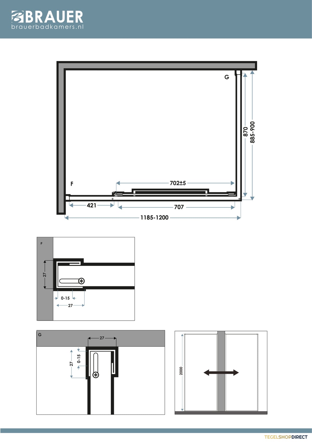 BRAUER Luminis Douchecabine 3-Delig Naar Binnen Draaiend 120x90x200 Omkeerbaar Helder Glas Incl. Glascoating PVD Goud Geborsteld – afbeelding 6