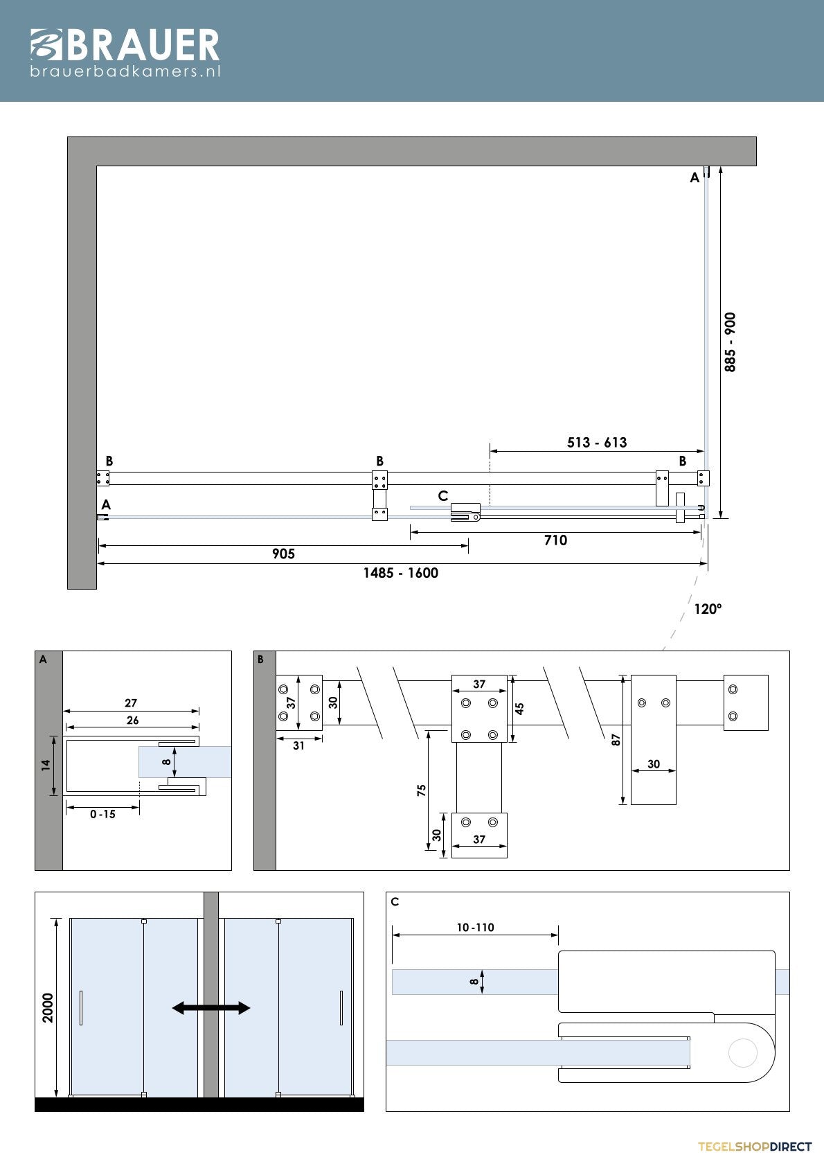 BRAUER Stellar douchecabine met draaideur helder glas 160x90x200 omkeerbaar incl. glascoating PVD RVS-kleurig geborsteld – afbeelding 7