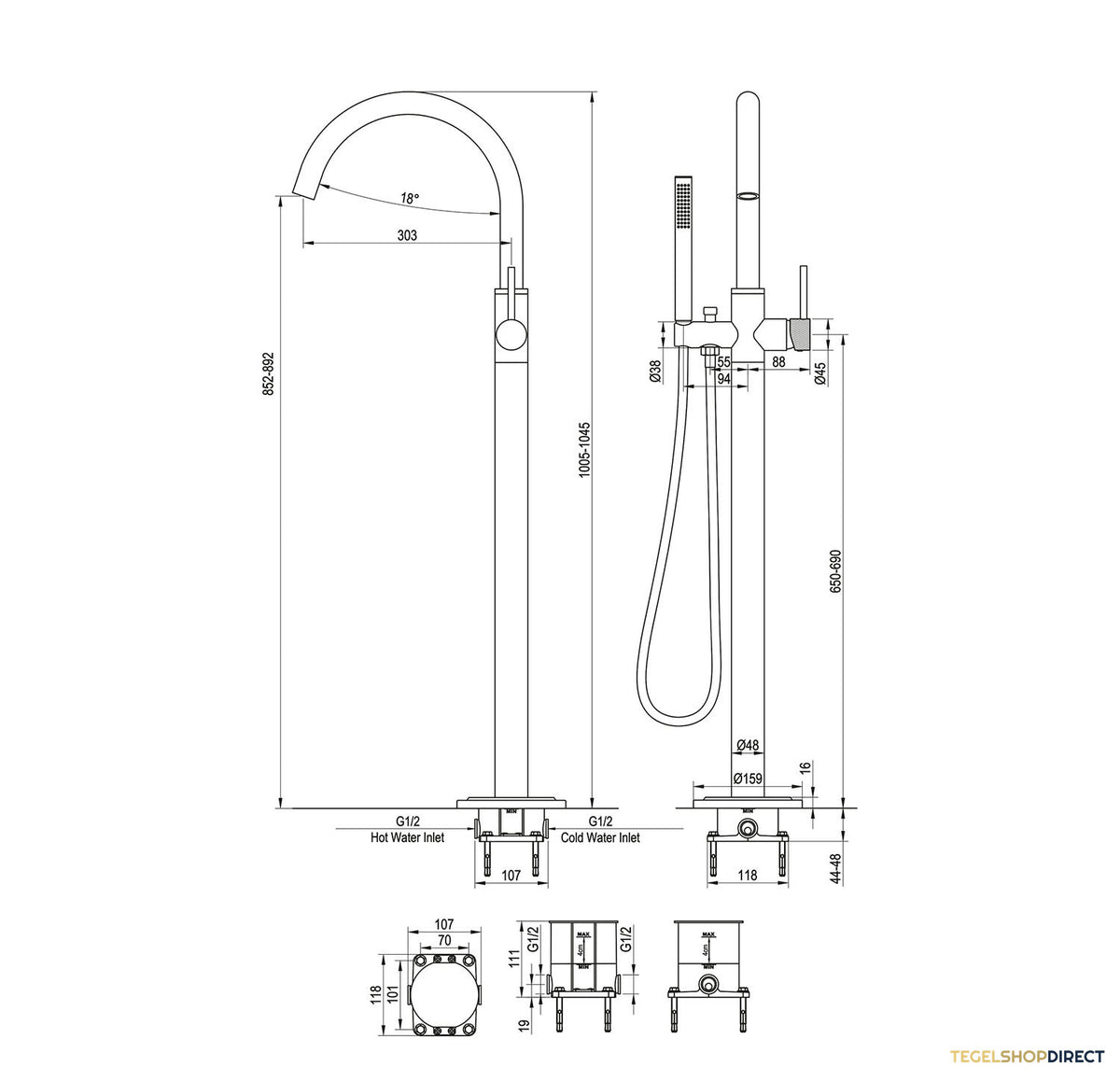 Badkraan Vrijstaand Brauer Gold Carving met Staaf Handdouche Geborsteld Goud – afbeelding 6