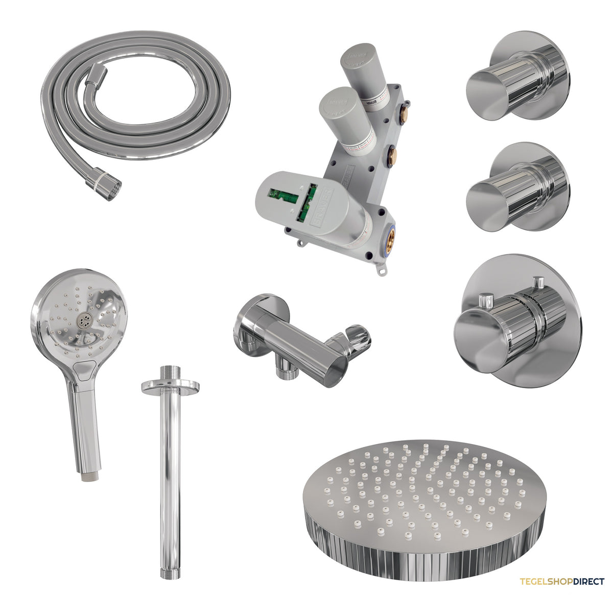 Brauer Stripe thermostatische inbouw regendouche SET 06 met 25 cm douchekop en plafondarm en 3-standen handdouche en doucheslang en wandaansluitbocht chroom – afbeelding 3
