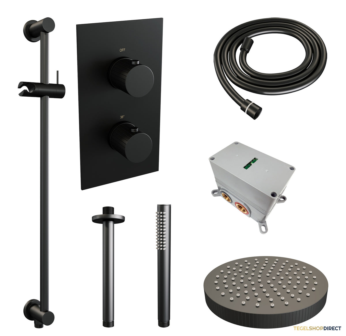 Brauer Stripe thermostatische inbouw regendouche 3-weg rechthoekig SET 21 met 25 cm douchekop en plafondarm en staaf handdouche en doucheslang en geintegreerde glijstang mat zwart – afbeelding 3