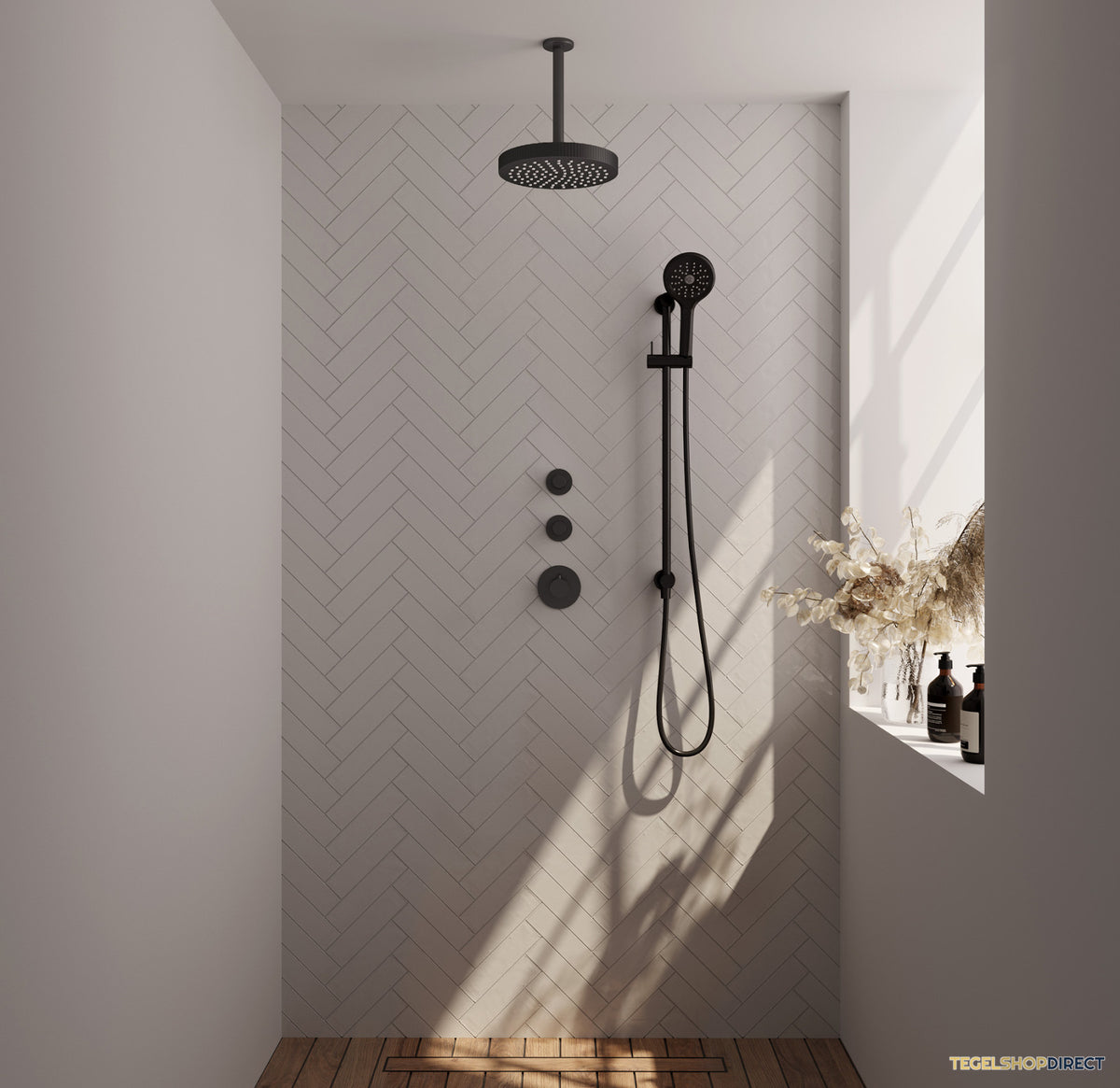 Brauer Stripe thermostatische inbouw regendouche SET 12 met 25 cm douchekop en plafondarm en 3-standen handdouche en doucheslang en geintegreerde glijstang mat zwart – afbeelding 2