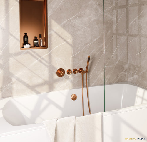 Brauer Stripe thermostatische inbouw badkraan SET 01 met badvulcombinatie en staaf handdouche en doucheslang en wandaansluitbocht koper geborsteld PVD