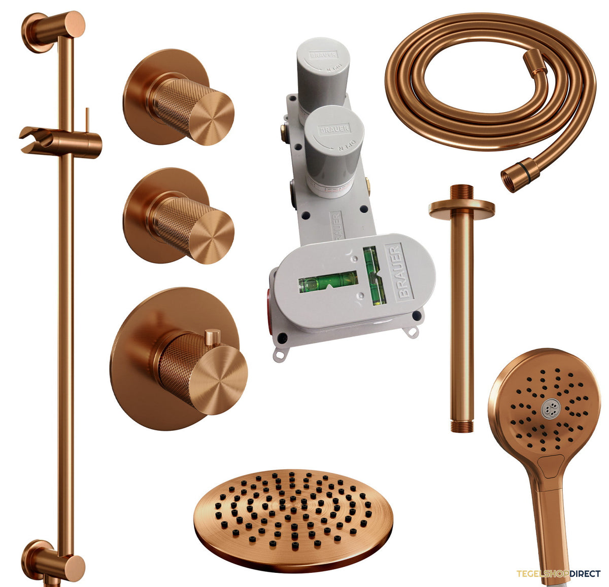 Regendoucheset Inbouw Brauer Copper Carving Thermostatisch 20cm met Plafondarm, Glijstang en Handdouche 3-Standen Losse Stopkranen Geborsteld Koper – afbeelding 10