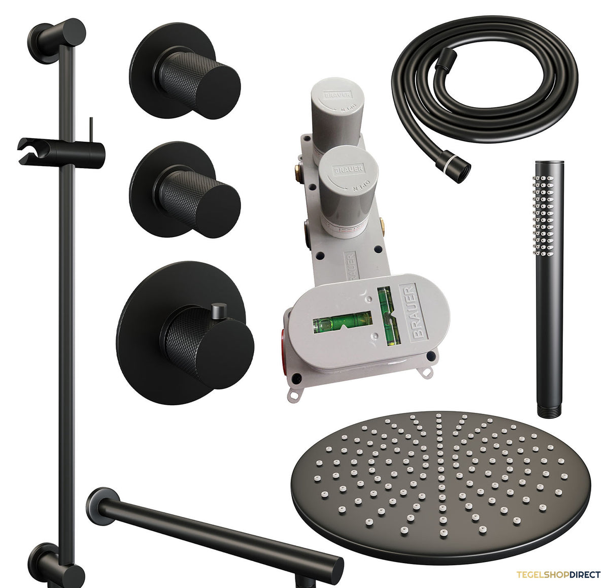 Regendoucheset Inbouw Brauer Black Carving Thermostatisch 30cm met Wandarm, Glijstang en Handdouche Staaf Losse Stopkranen Mat Zwart – afbeelding 3