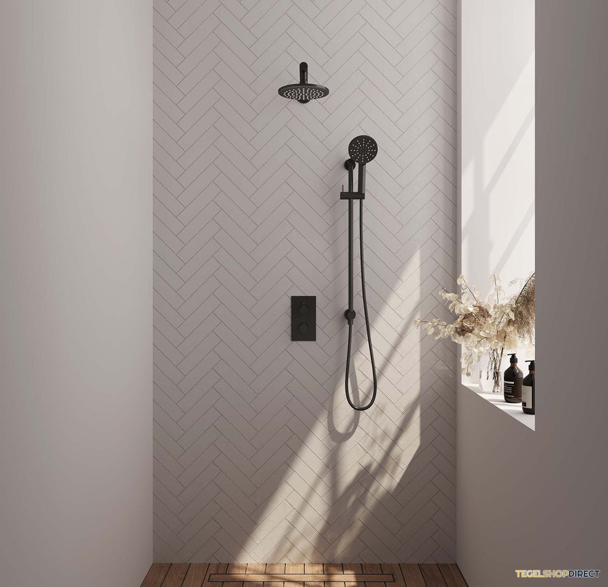 Regendoucheset Inbouw Brauer Black Carving Thermostatisch 20cm met 3-Weg Omstelling, Wandarm, Glijstang en Handdouche 3-Standen Mat Zwart – afbeelding 2