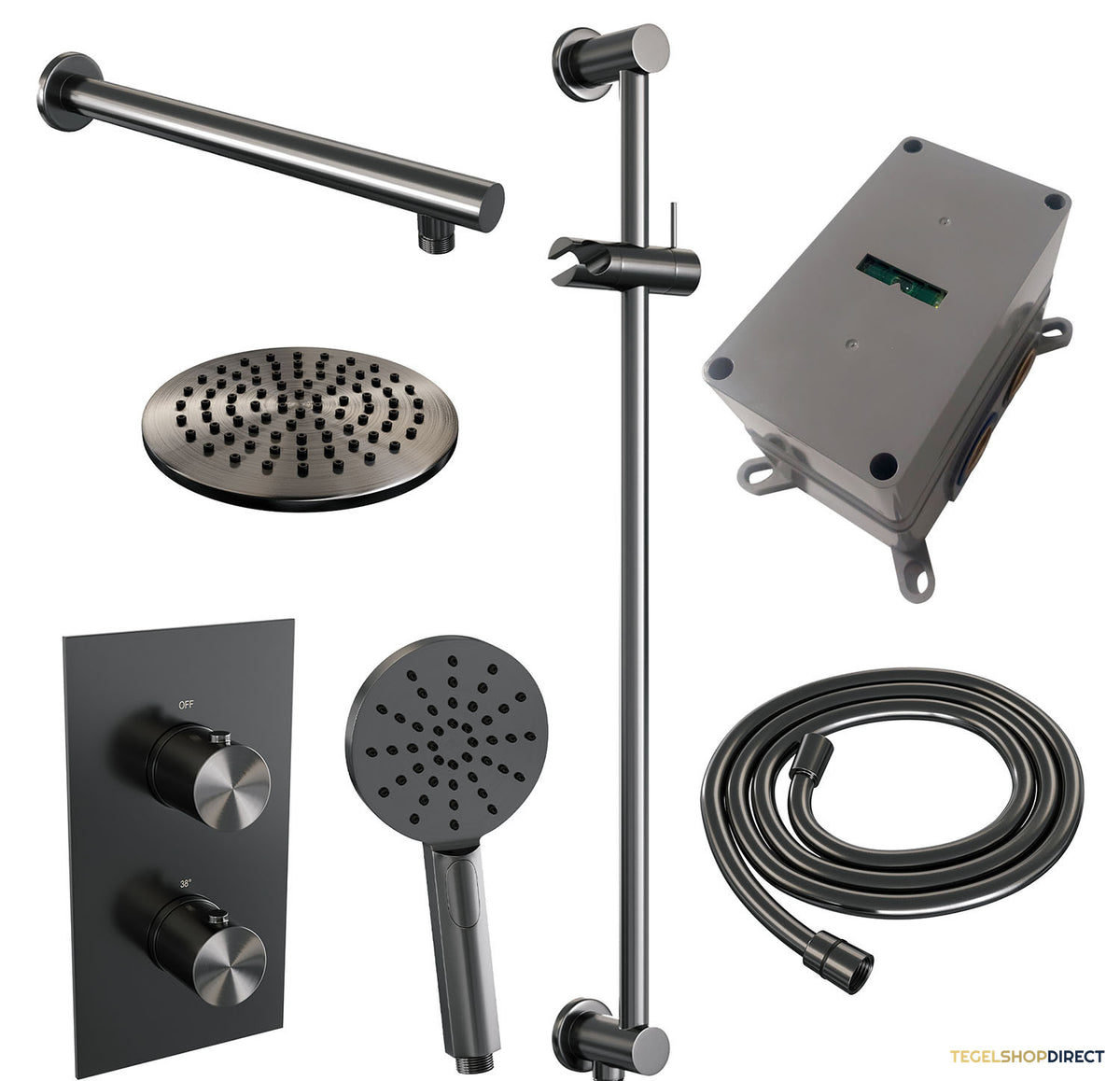 Regendoucheset Inbouw Brauer Gunmetal Edition Thermostatisch 20cm met 3-Weg Omstelling, Wandarm, Glijstang en Handdouche 3-Standen Geborsteld Gunmetal – afbeelding 3