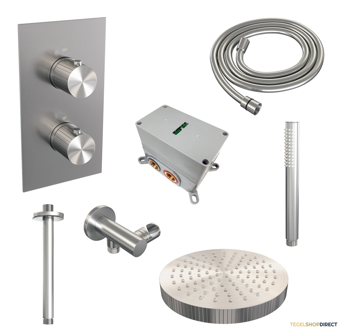 Brauer Stripe thermostatische inbouw regendouche 3-weg rechthoekig SET 15 met 25 cm douchekop en plafondarm en staaf handdouche en doucheslang en wandaansluitbocht RVS-kleurig geborsteld PVD – afbeelding 3