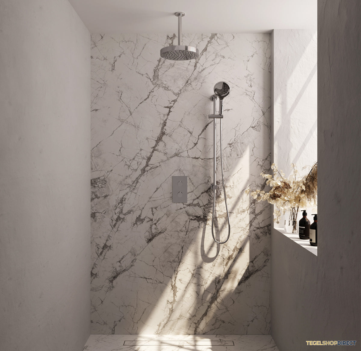 Brauer Stripe thermostatische inbouw regendouche 3-weg rechthoekig SET 24 met 25 cm douchekop en plafondarm en 3-standen handdouche en doucheslang en geintegreerde glijstang chroom – afbeelding 2
