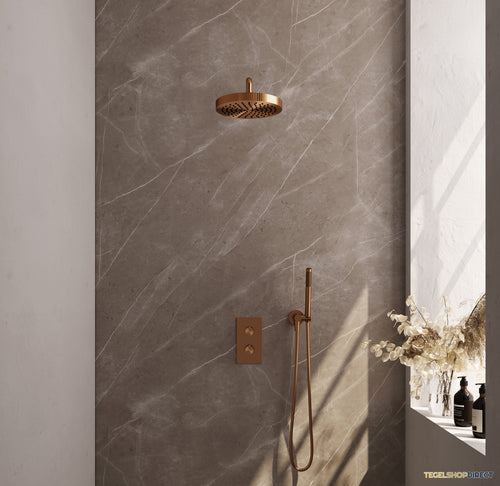 Brauer Stripe thermostatische inbouw regendouche 3-weg rechthoekig SET 14 met 25 cm douchekop en gebogen muurarm en staaf handdouche en doucheslang en wandaansluitbocht koper geborsteld PVD
