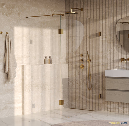BRAUER Void inloopdouche helder glas 140x200 met 30 zijwand incl. glascoating PVD goud geborsteld