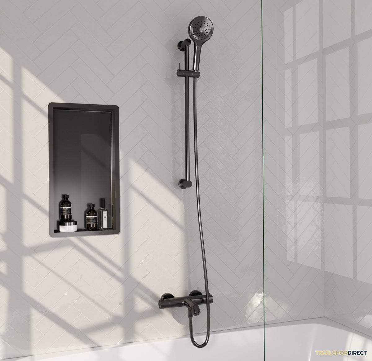 Brauer Stripe opbouw baddouche thermostaatkraan SET 02 met glijstang en 3-standen handdouche en doucheslang gunmetal geborsteld PVD