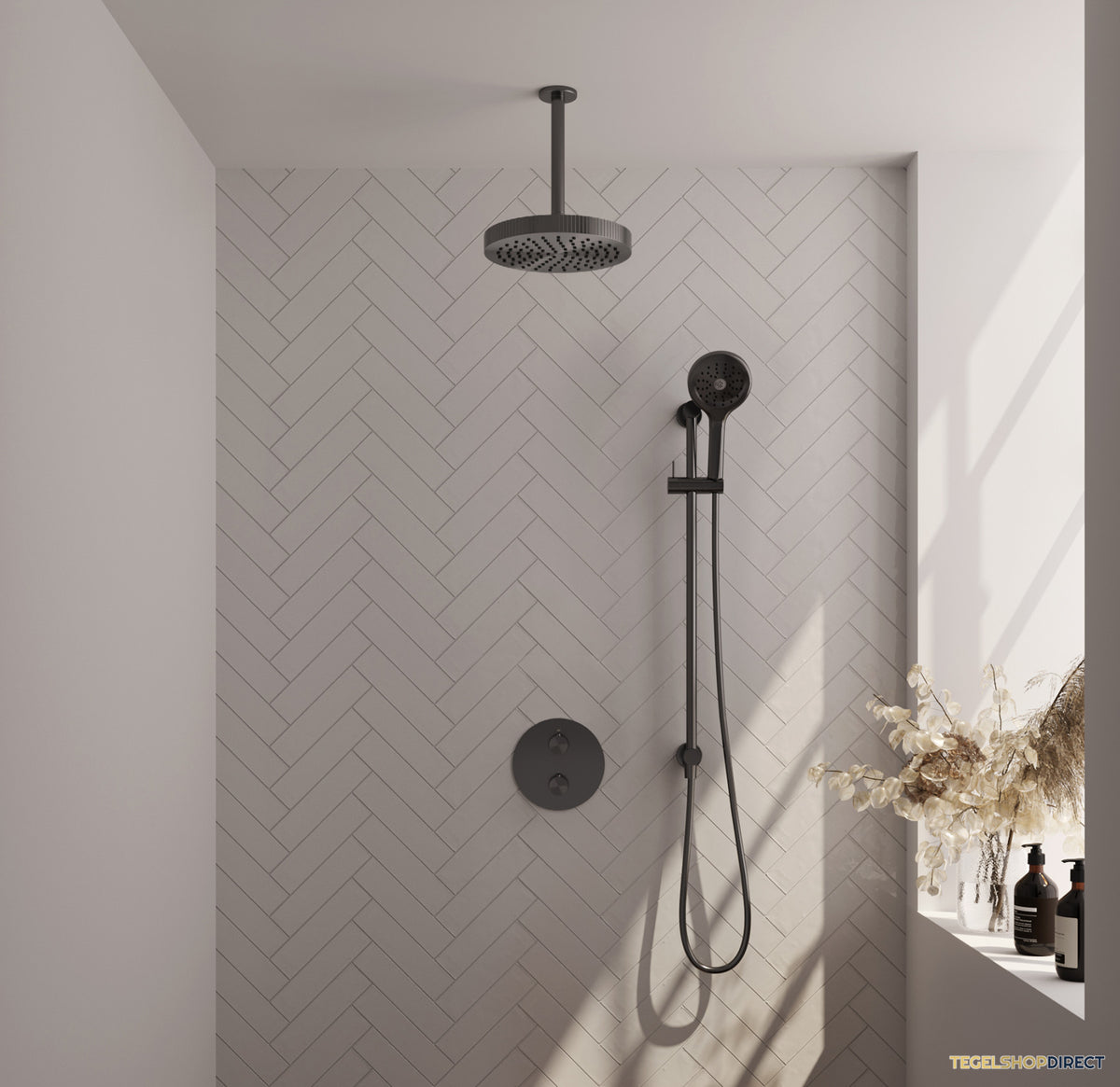 Brauer Stripe thermostatische inbouw regendouche 3-weg rond SET 48 met 25 cm douchekop en plafondarm en 3-standen handdouche en doucheslang en geintegreerde glijstang gunmetal geborsteld PVD