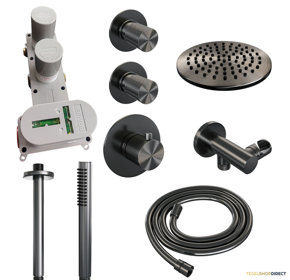 Regendoucheset Inbouw Brauer Gunmetal Carving Thermostatisch 20cm met Plafondarm en Handdouche Staaf Losse Stopkranen Geborsteld Gunmetal – afbeelding 4