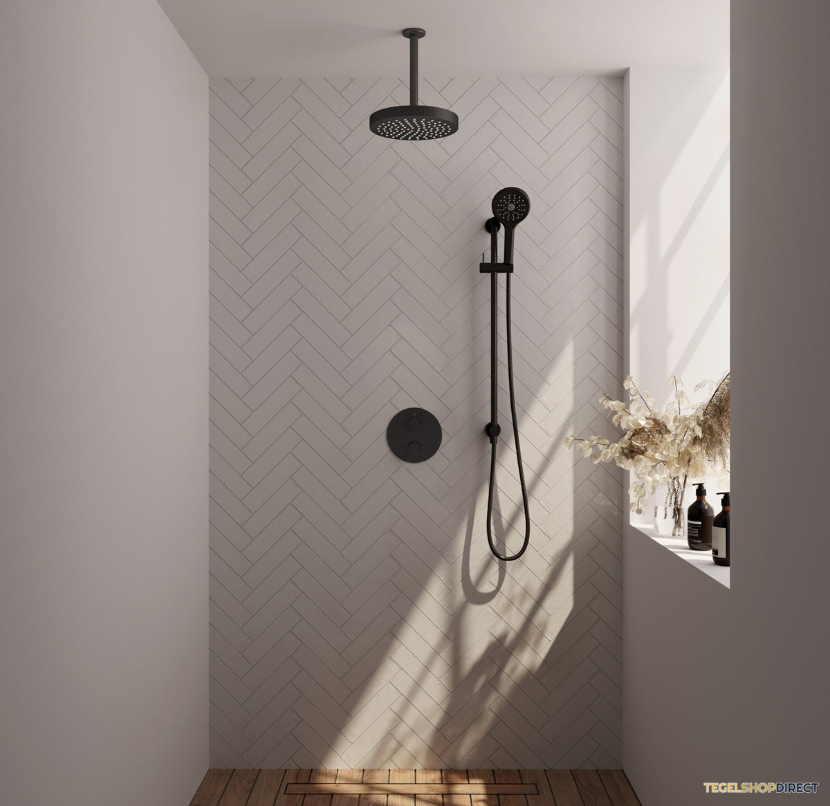 Brauer Stripe thermostatische inbouw regendouche 3-weg rond SET 48 met 25 cm douchekop en plafondarm en 3-standen handdouche en doucheslang en geintegreerde glijstang mat zwart – afbeelding 2