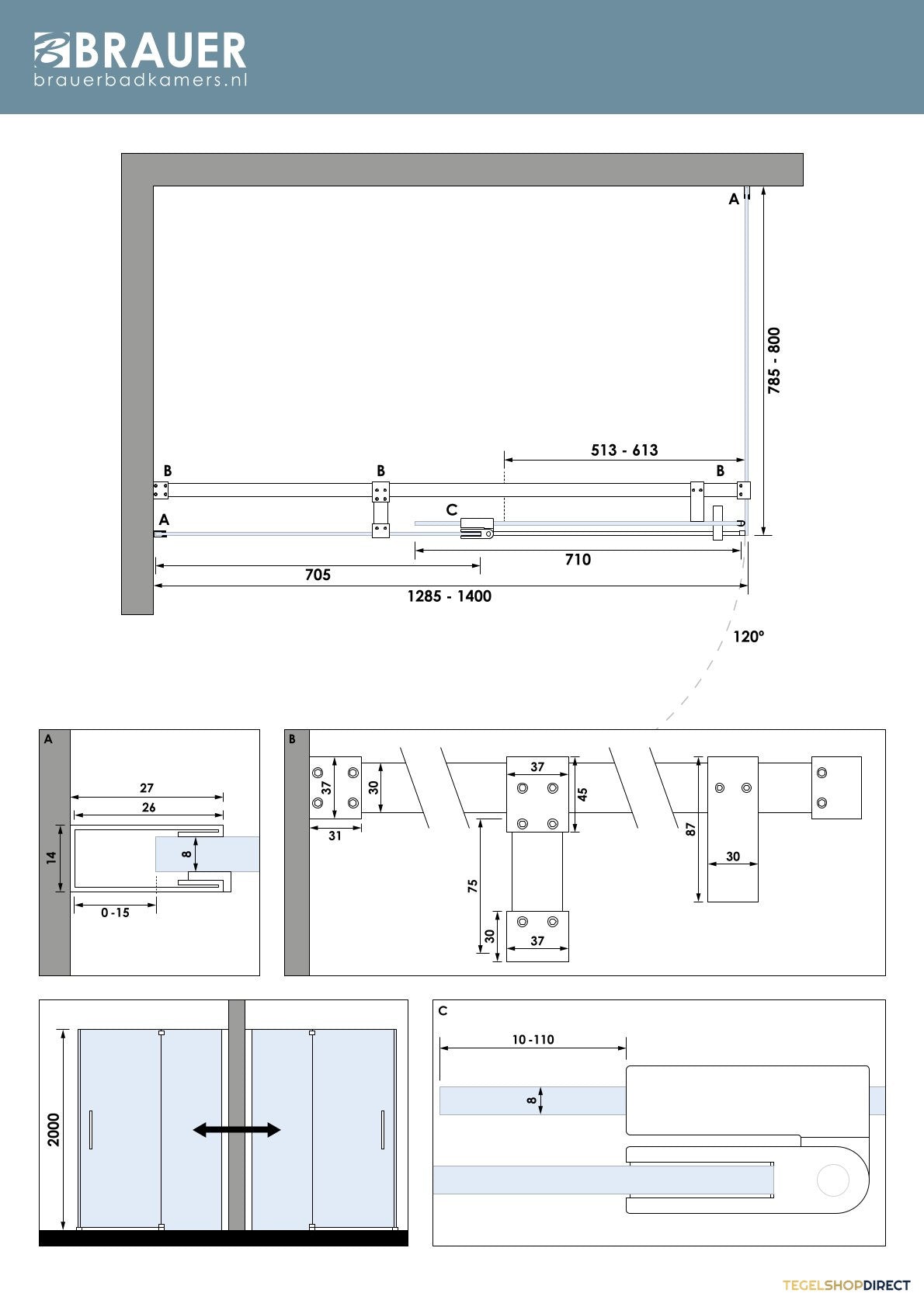 BRAUER Stellar douchecabine met draaideur helder glas 140x80x200 omkeerbaar incl. glascoating PVD RVS-kleurig geborsteld – afbeelding 7