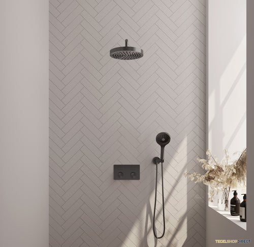 Brauer Stripe thermostatische inbouw regendouche met drukknoppen SET 29 met 25 cm douchekop en gebogen muurarm en 3-standen handdouche en doucheslang en wandaansluitbocht gunmetal geborsteld PVD