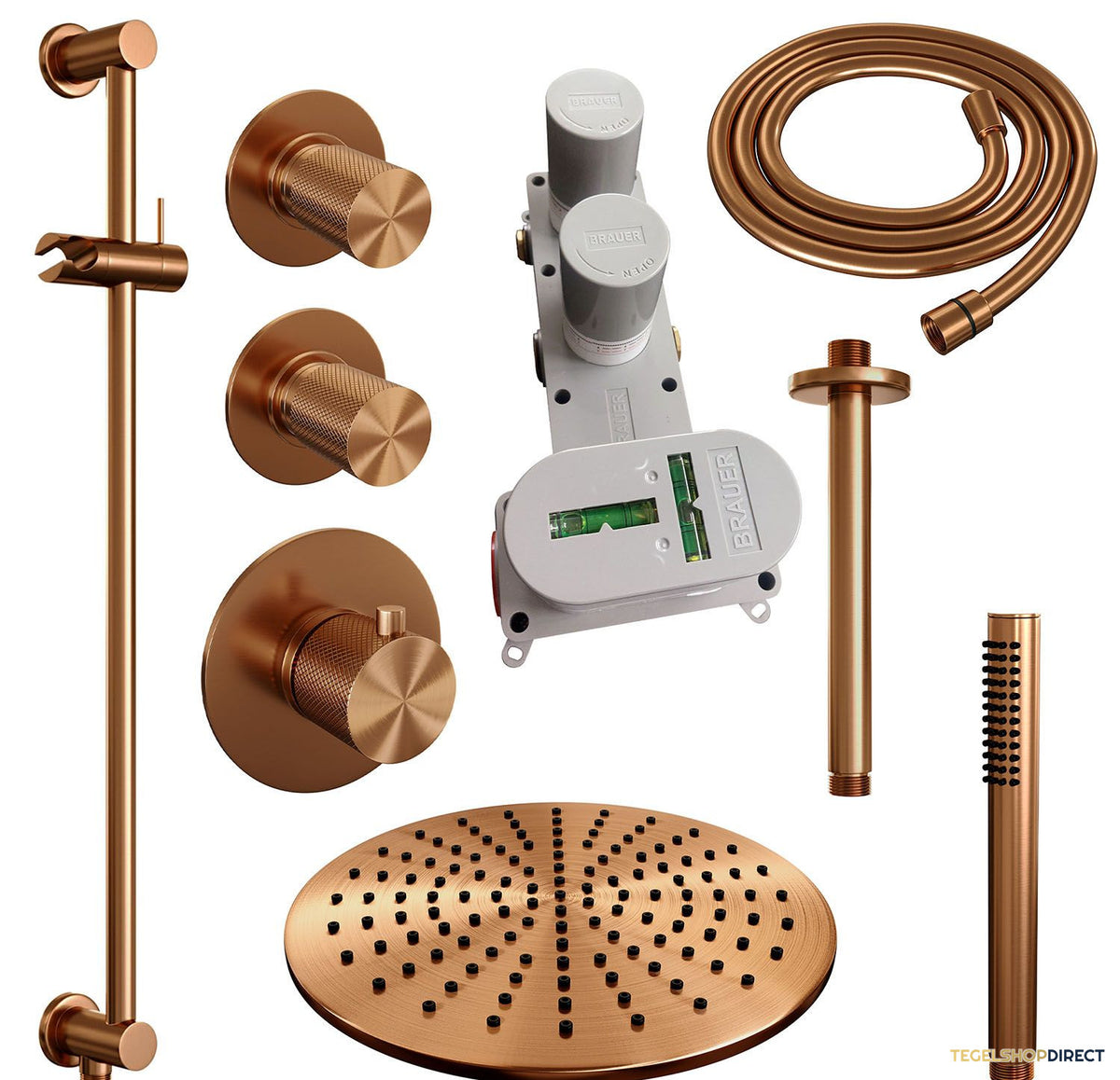 Regendoucheset Inbouw Brauer Copper Carving Thermostatisch 30cm met Plafondarm, Glijstang en Handdouche Staaf Losse Stopkranen Geborsteld Koper – afbeelding 3