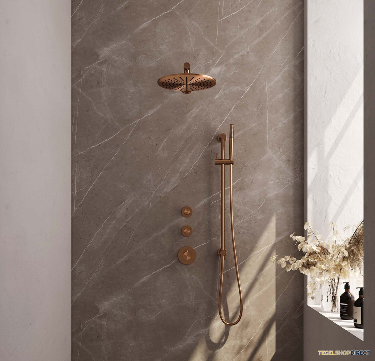 Regendoucheset Inbouw Brauer Copper Carving Thermostatisch 30cm met Wandarm, Glijstang en Handdouche Staaf Losse Stopkranen Geborsteld Koper