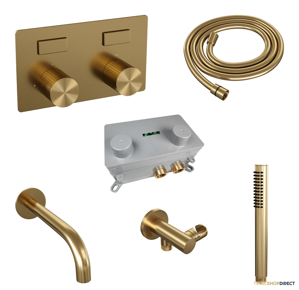 Brauer Stripe thermostatische inbouw badkraan met drukknoppen SET 03 met uitloop en staaf handdouche en doucheslang en wandaansluitbocht goud geborsteld PVD – afbeelding 2