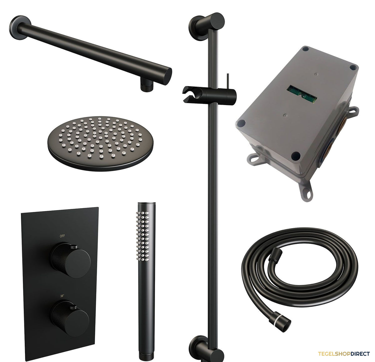 Regendoucheset Inbouw Brauer Black Carving Thermostatisch 20cm met 3-Weg Omstelling, Wandarm, Glijstang en Staaf Handdouche Mat Zwart – afbeelding 3