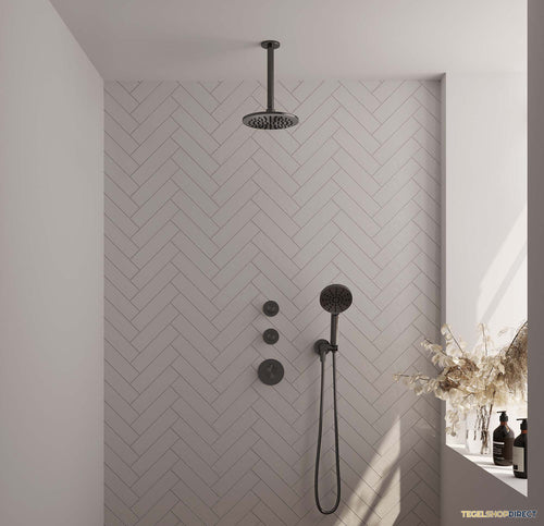 Regendoucheset Inbouw Brauer Gunmetal Carving Thermostatisch 20cm met Plafondarm en Handdouche 3-Standen Losse Stopkranen Geborsteld Gunmetal
